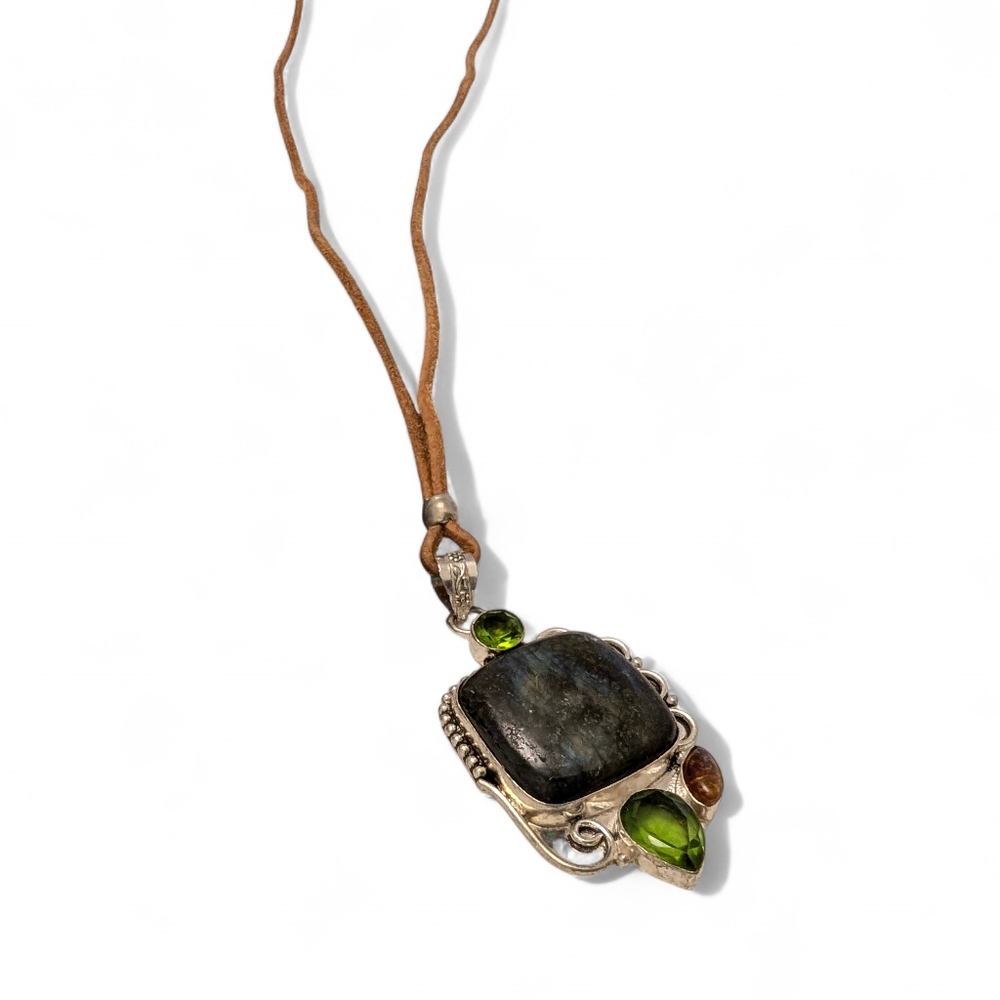VINTAGE Pendant Necklace Labradorite Peridot 36" 925 Sterling Silver Leather - Picture 13 of 14